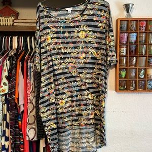 LuLaRoe Black Gray Striped Irma Tunic with Yellow Blue Floral